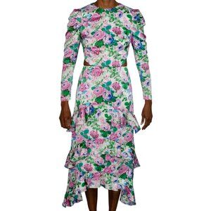 Wayf Pink Floral Print on White Satin Long Sleeve Dress with Side Cut Outs - NWT